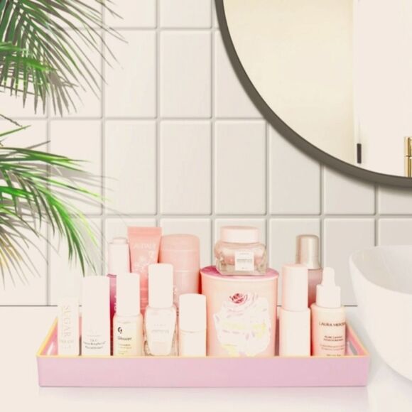 Home District Contemporary Pink Faux Leather Vanity Tray Set w/Handle - Picture 2 of 8